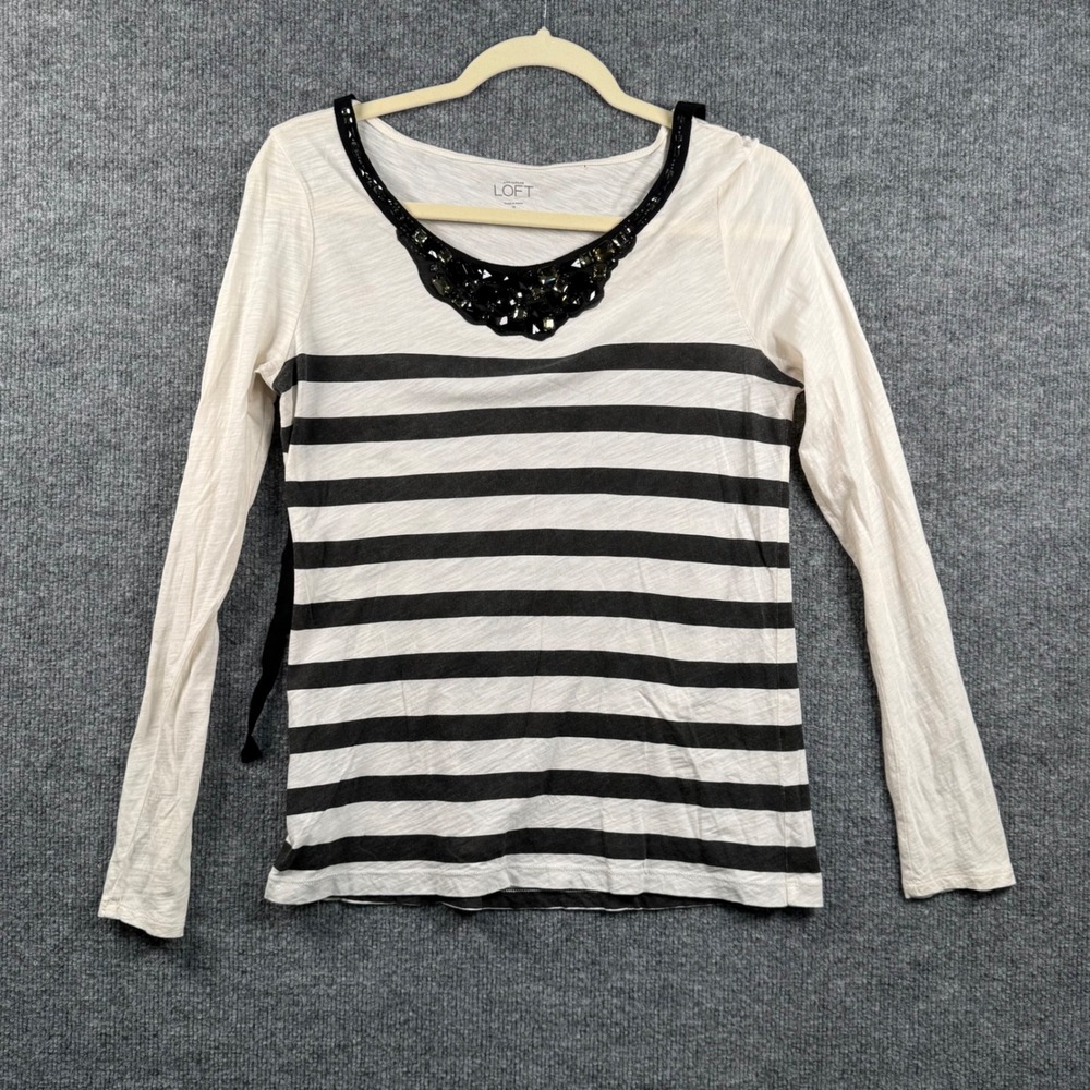 Ann Taylor LOFTâ Medium Striped Long Sleeve Top Black White Embellished Neckline